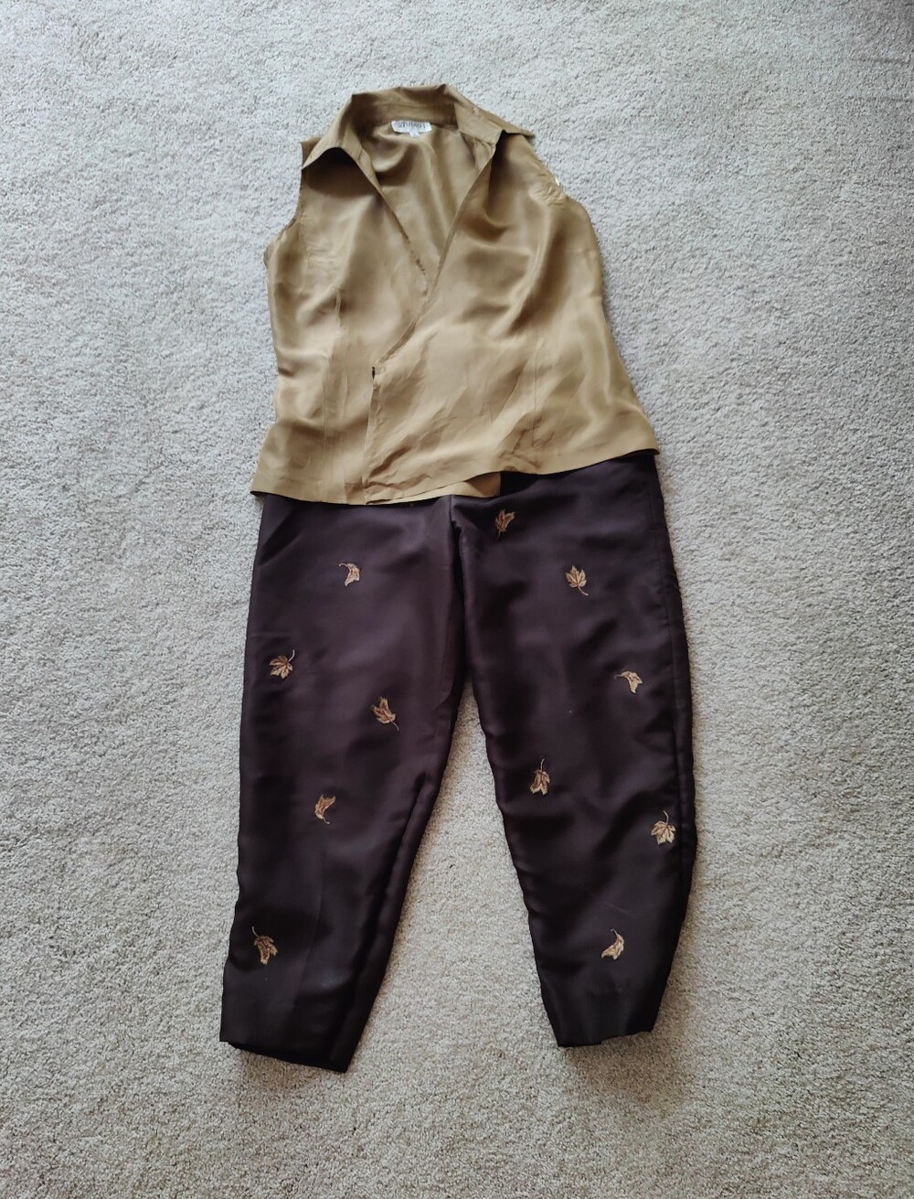 Gorgeous Silk Studio I Two-Piece Olive Sleeveless Top & Brown Embroidered Pants